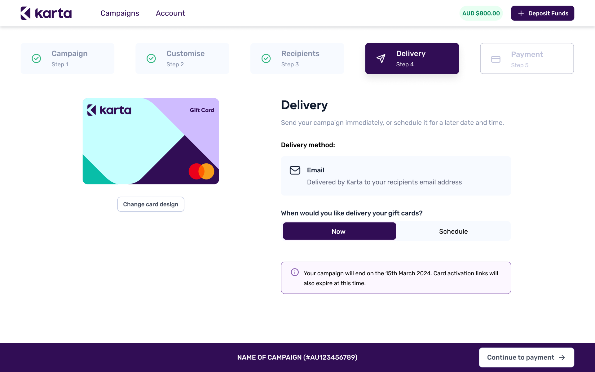 Karta co-brand email delivery step