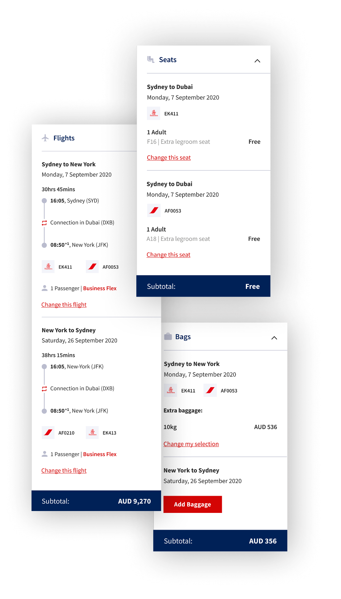 Right menu with Flights, Seats, and Bags panels