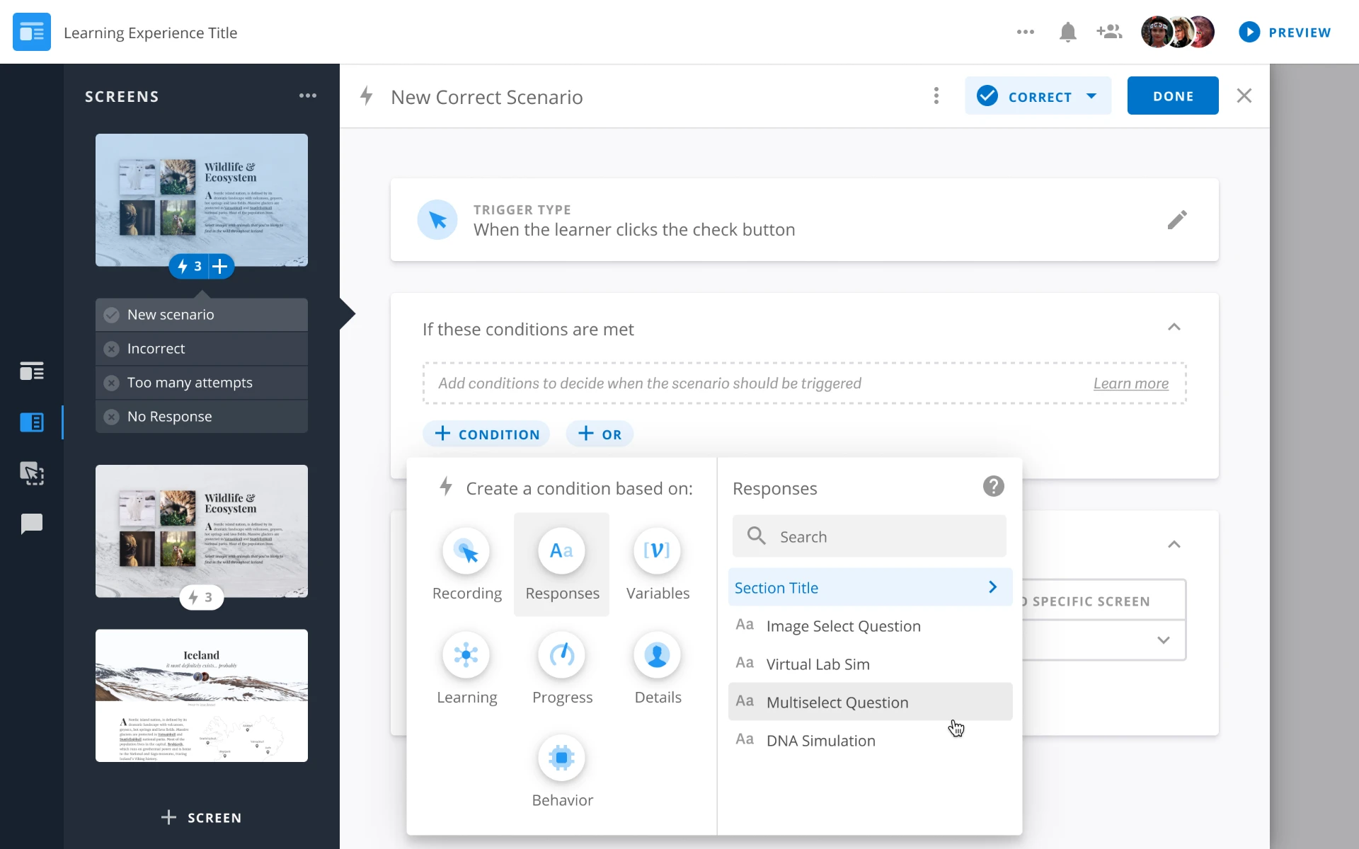 Pearson custom scenario condition setup screen
