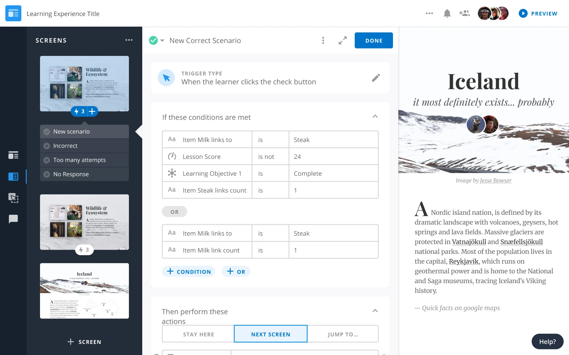 Pearson adaptive scenario testing outcomes screen