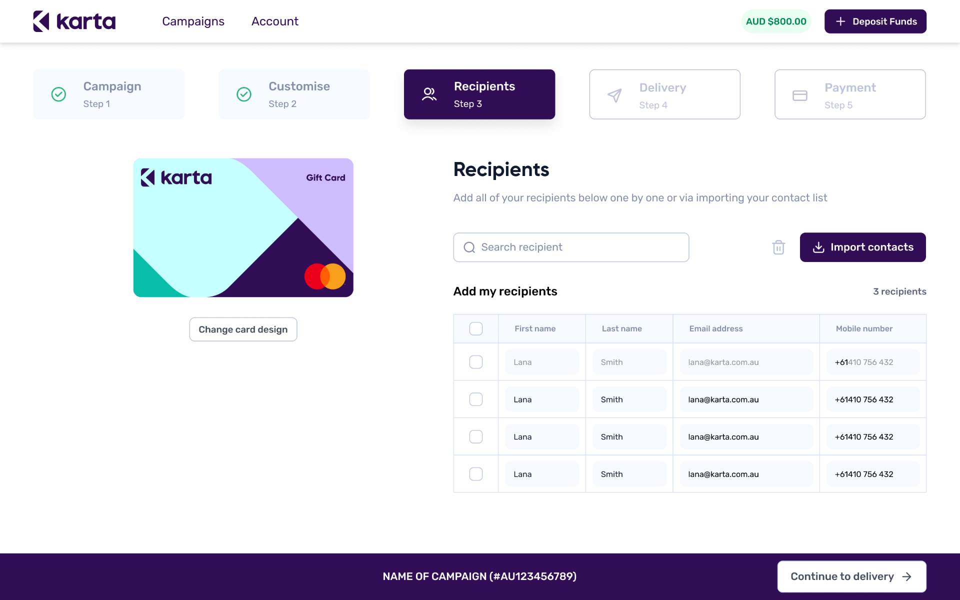 Karta co-brand email add recipients