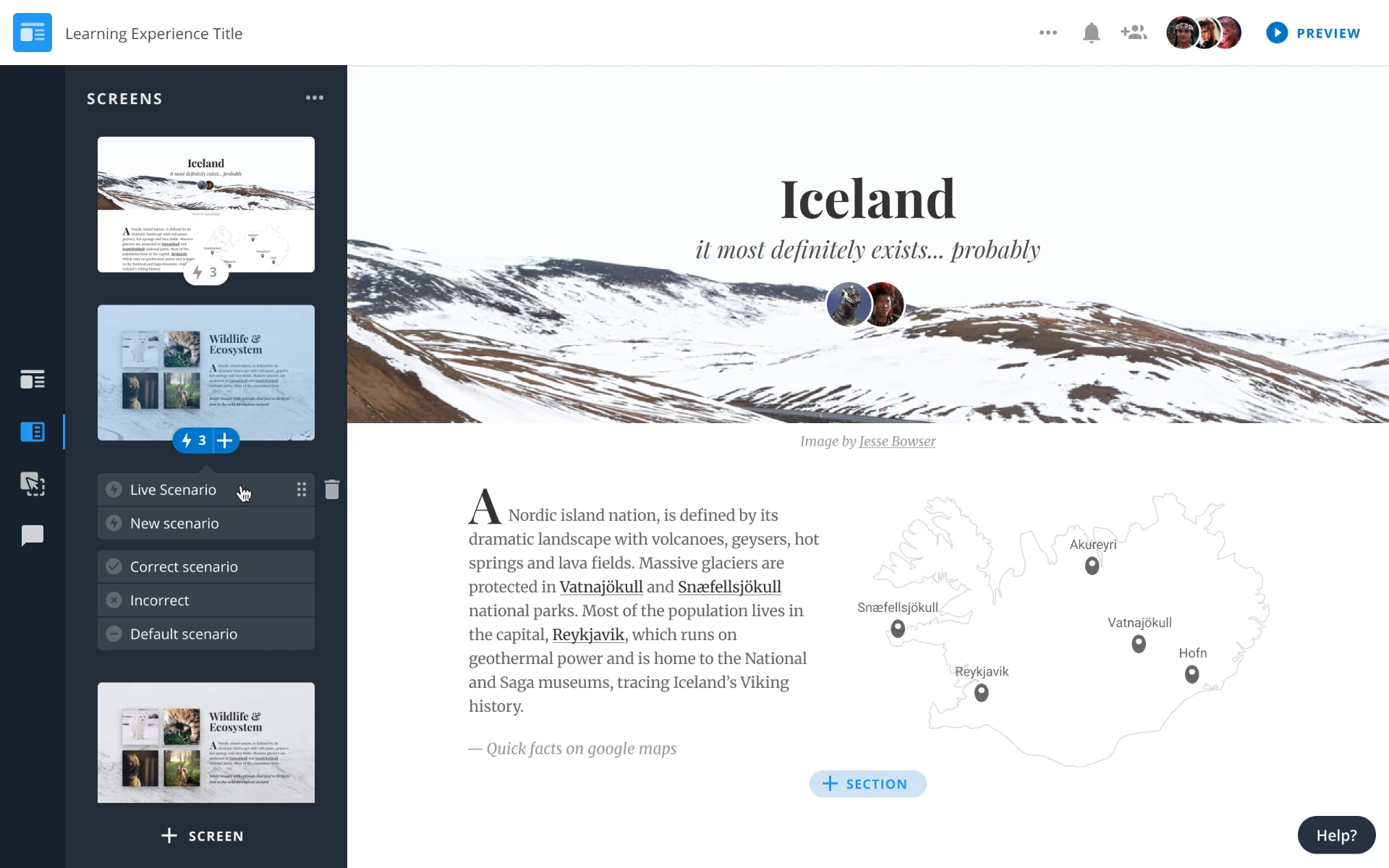Pearson lesson screen with a segmented scenario list