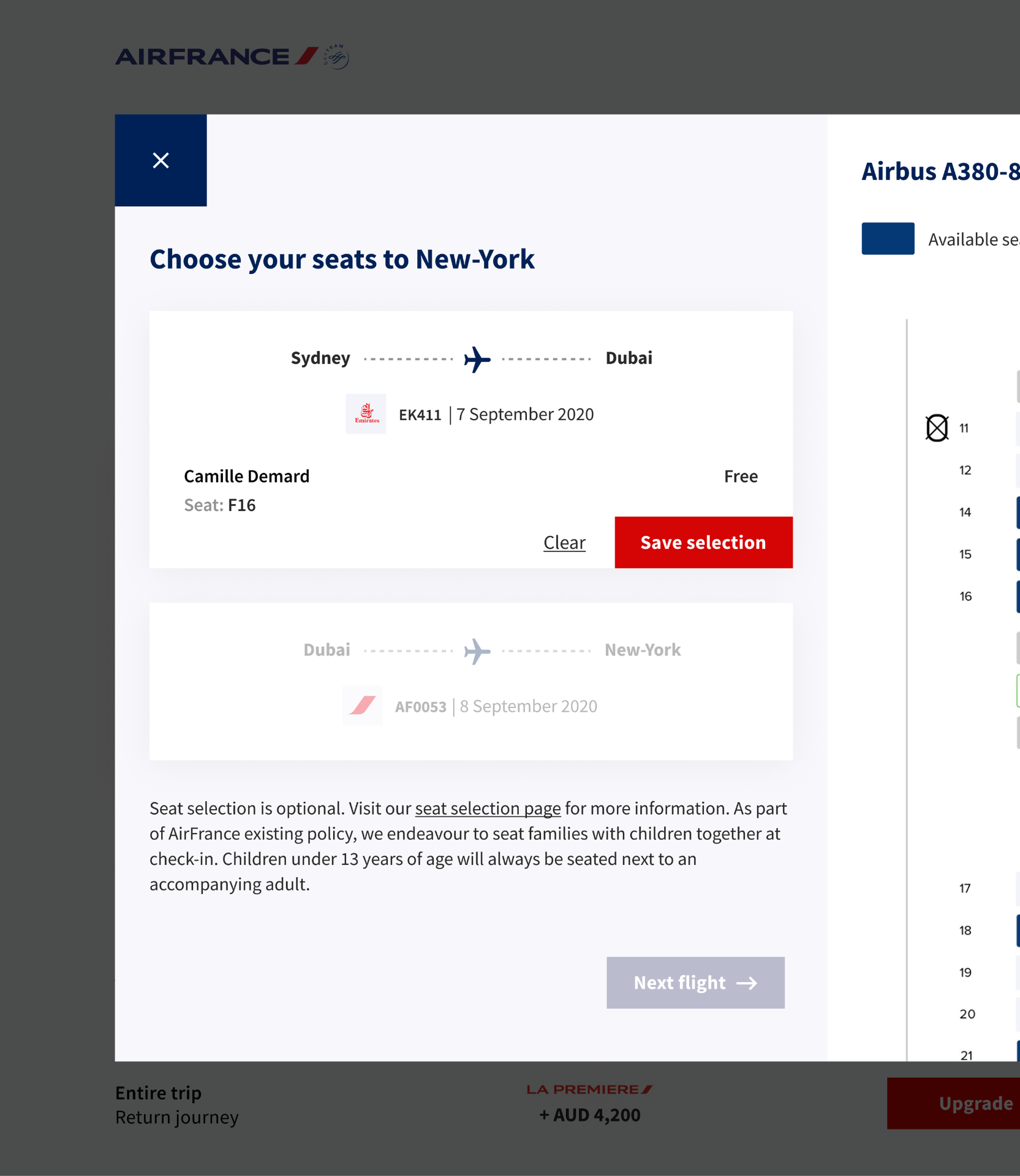 Choose your seats modal on tablet