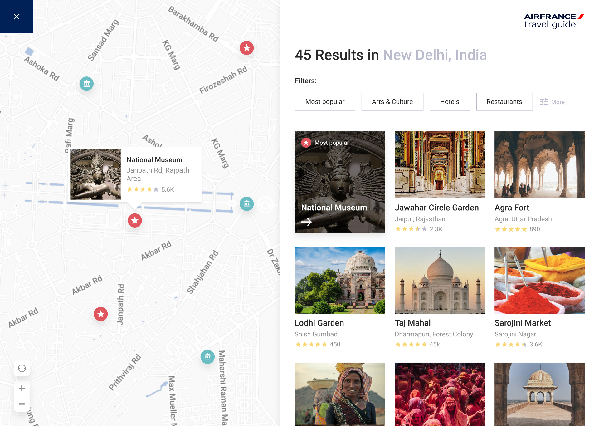 Air France travel guide activities — map of New Delhi with National Museum pin and grid of popular activity results