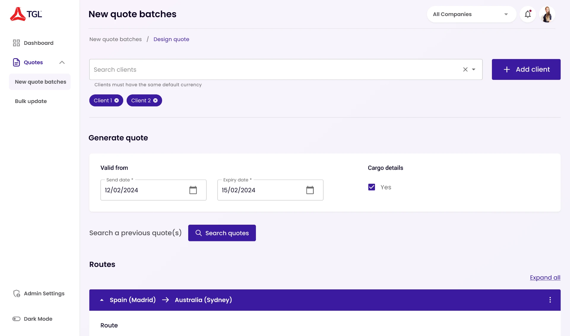 TGL platform — New quote batches screen showing quote generation, cargo details, and shipment routes
